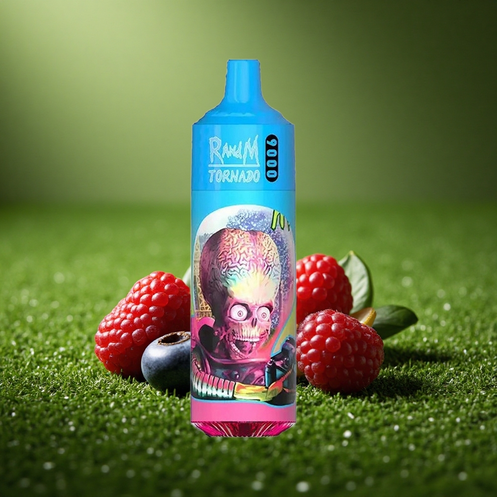 RandM Fumot Tornado 9000 Puffs Mustika Sinihammas Hapukas Murakameshhakuvarviga RGB-ekraaniga