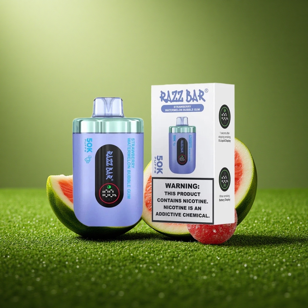 Razz Bar 50K Puffs Maasika-Arbuusi Mullikumm koos 1.0 Ohm Võrgumähise ja 650 Mah Akuga