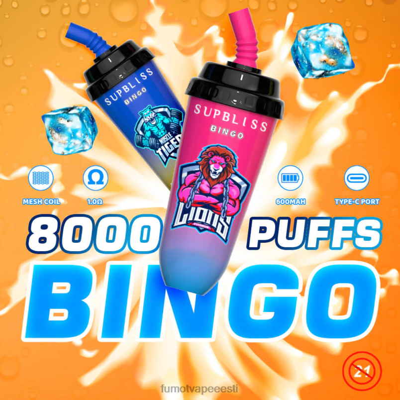 Fumot Supbliss Bingo 8000 ühekordselt kasutatav vape pod seade - 16 ml (1 tk) daami tapja 6Z62Z400 Fumot Vape Nicotine