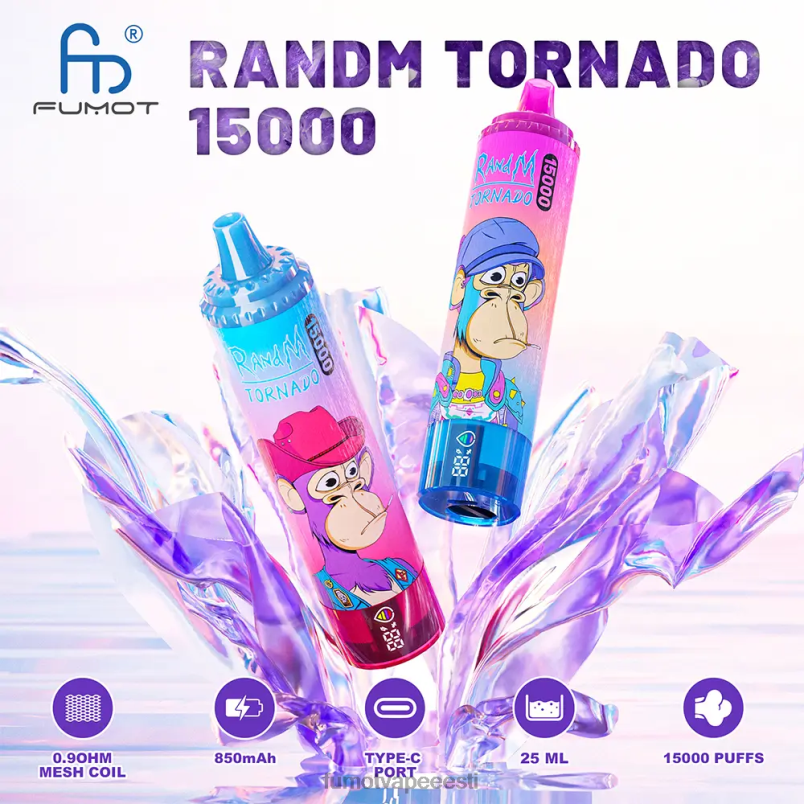 Fumot Tornado 25 ml 15000 ühekordselt kasutatav vape (1 tk) sinine razzi limonaad 6Z62Z196 Fumot Tech